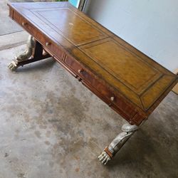 Antique Maitland-Smith Desk w/Inlays Elegant Koi Fish Base/Paw Foot Rollers
