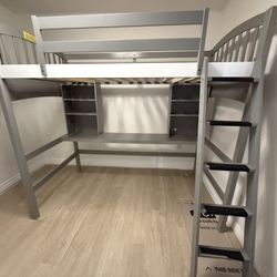 🩵 (AVAILABLE) Twin Size Loft Bed with Storage Shelves, Desk and Ladder.