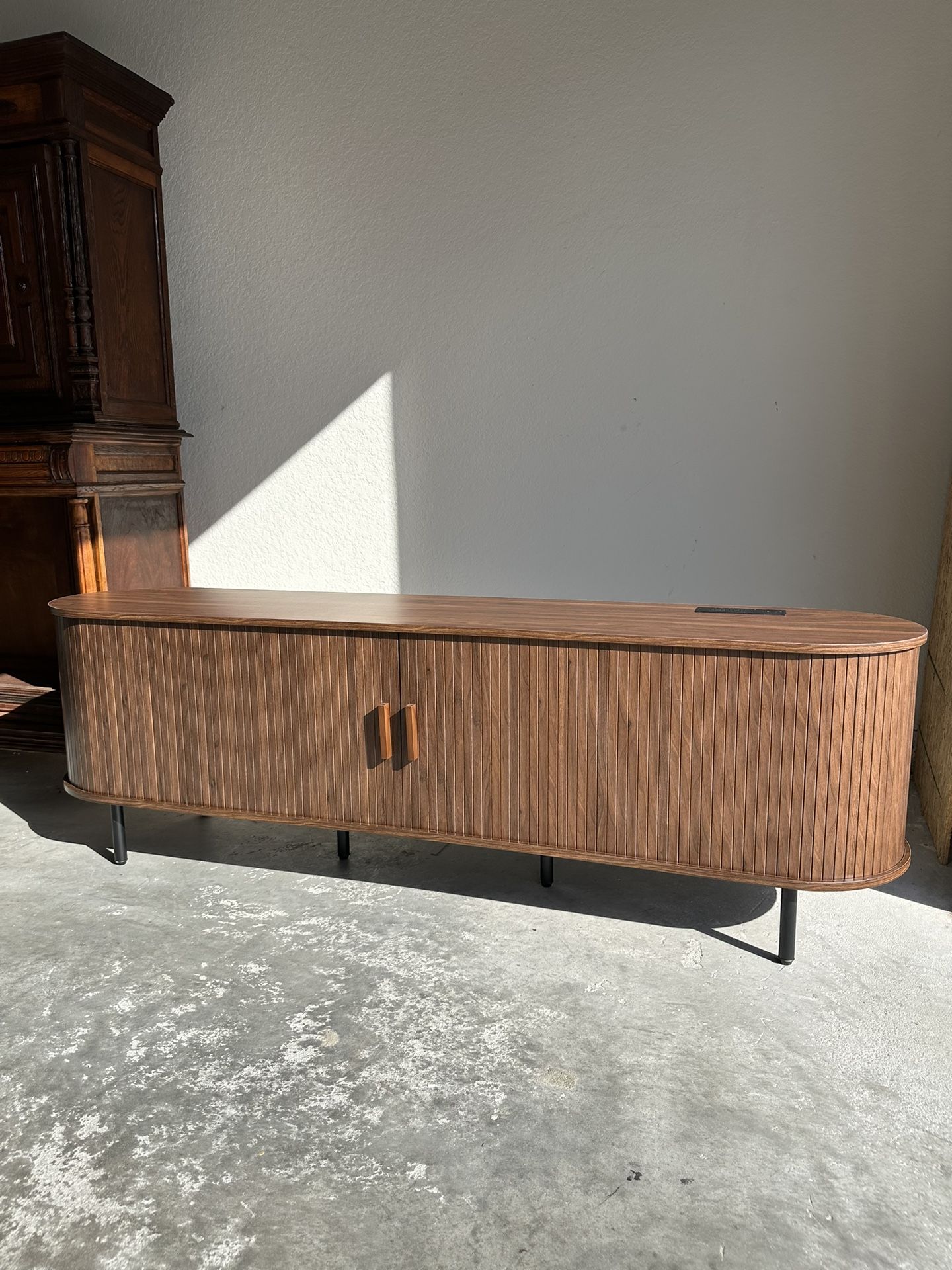 Available - Brand NEW 69” Walnut Wooden Sliding Door TV Stand with Drawer & Shelves