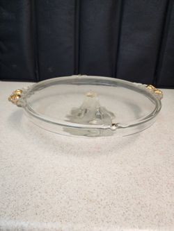 Vintage Glass Serving Platter with Gold Floral Accents