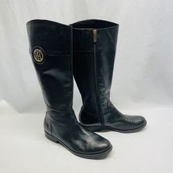 Tommy Hilfiger Womens Black Leather Moto Boots Size 10 US