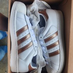 White Adidas Superstar With Gold Stripes NEW 