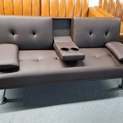 NEW FAUX LEATHER FUTON SOFA WITH CUPS HOLDERS 