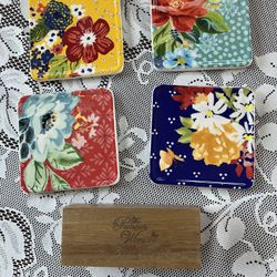 Pioneer woman Coasters With Wood Holder