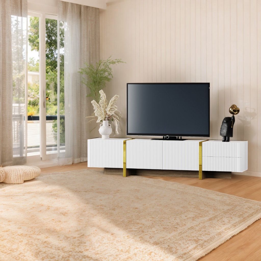 NEW White ModernLuxe Luxury Fluted TV Stand for TVs Up to 80inch Modern Entertainment Center with Storage