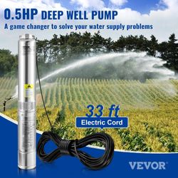 VEVOR Deep Well Submersible Pump, 0.5HP 230V/60Hz, IP68 Waterproof Grade