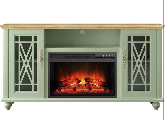 New assembled 62 Inch TV Stand Entertainment Center with 26" Electric Fireplace Insert, 2 Glass Doors & 4 Shelves for TVs up to 65", Farmhouse TV Cons