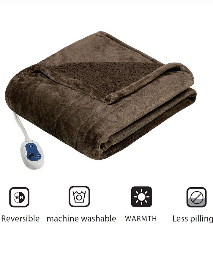 Beautyrest Microlight to Sherpa Reversible Electric Blanket Throw, Adjustable Multi-Level Heat Setting Controller, Cozy Bedding for Living Room Couch