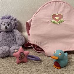 American Girl Bitty Baby Bundle - Carrier, Hedgehog, Rattle and Duck Spoon VGUC