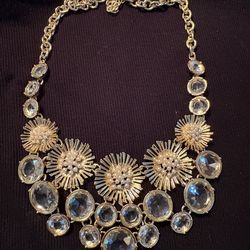 Talbots Golden Tone Flower Necklace, Necklace with Faux Pearls and Clear Rhinestones