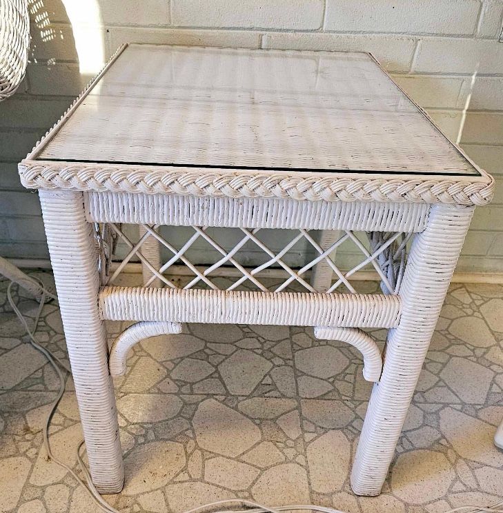 Henry Link Lexington White Wicker Glass Top Side Table - Estate Sale!