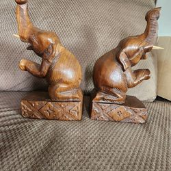 Carved Wood Elephant Bookends 