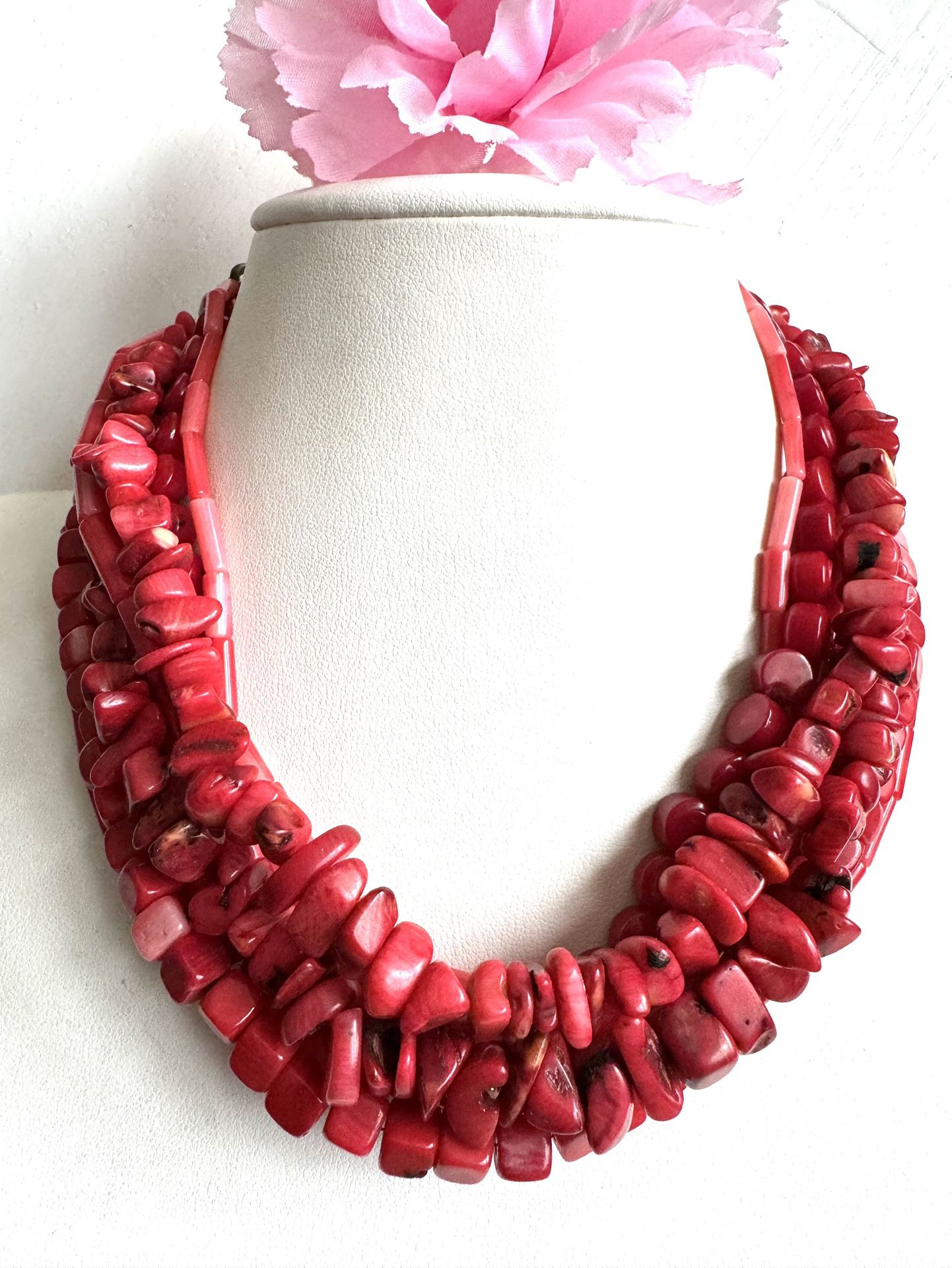 Vintage/old 7 strand Red coral handmade necklace 925 silver clasp