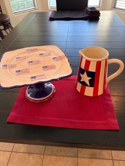 Patriotic Ceramic Cake Stand and Pitcher Set