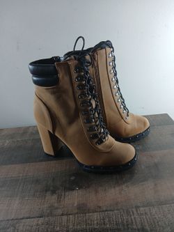 Tan Lace-Up Heeled Combat Ankle Boots