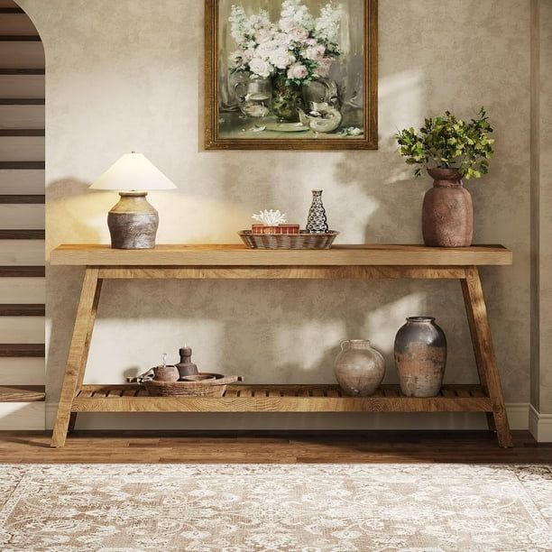 Turrella 70.86 in. Light Brown Rectangle Wood Console Table with 2-Tier Storage for Living Room