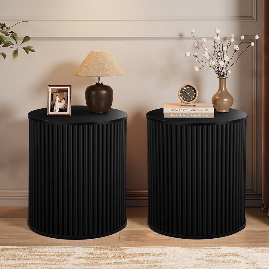 AVZEAR Small Round Side Table Fluted Night Stand Set of 2, Mid Century Modern End Table with Storage, Circle Bedside Tables Wood Nightstands for Small