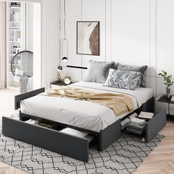 Queen Size Platform Bed Frame with 3 Storage Drawers, Fabric Upholstered, Dark Grey