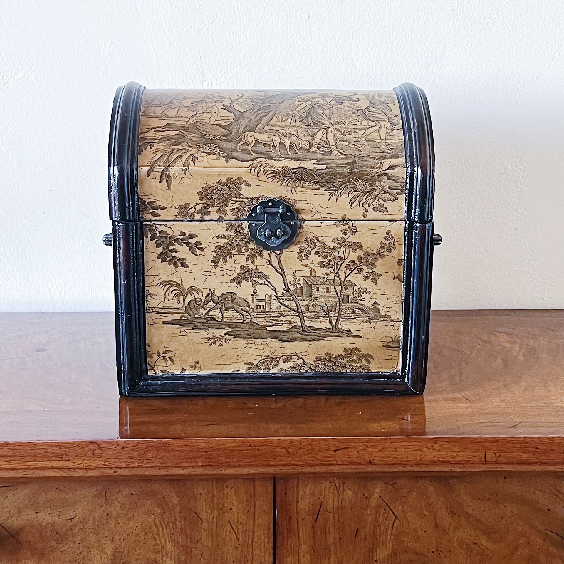 Antique French Chinoiserie Toile Chest Box with Wood Trim and Brass Lock and Handles