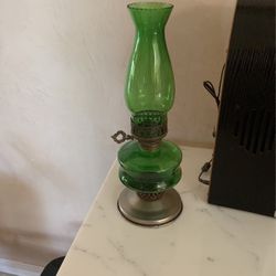 Antique Kerosene Lamp Silver And Green 15 ” Tall