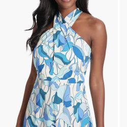  London times dress size 12 used like new Floral Print Halter Neck Cotton Poplin A-Line Dress Blue and white midi dress with a flattering fit, featuri