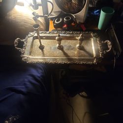 Rectangular Cocktail Tray by Poole Silver Company, Poole Salt And Pepper Shakers, Candle Holder 