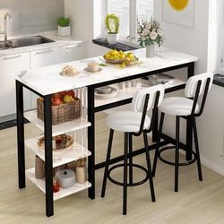 3-Piece Bar Table and Chairs Set, Modern White Faux Marble Table with 2 PU Cushion Bar Stools, Kitchen Counter with 3 Tier Storage Shelves, 