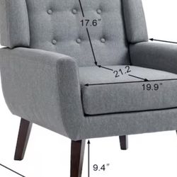 Modern Gray Linen Botton-Tufted Accent Arm Chair With The Solid Dark Wood Legs
