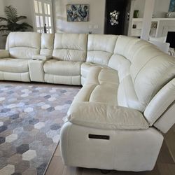 Off White 5 Piece Leather Sofa With 3 Recliner Seats