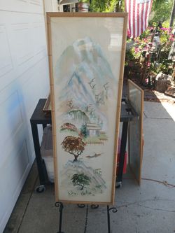 Pair of original faux bamboo framed mid century Japanese landscape paintings 1 with cracked glass corner