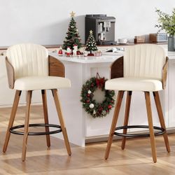 Bar Stools Set of 2, 30 Inch Mid Century Bar Height Barstools with Walnut Back and Arms, Upholstered Seat, Swivel Barstools for Bar/Pub/Coffee(Walunt/