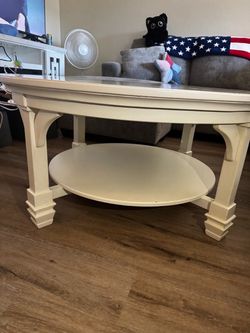 Round White Wood Coffee Table with Lower Shelf
