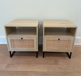 Nathan James Rattan & Wood Storage Nightstands Oak (Set of 2)
