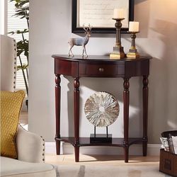 Solid Wood Console Table with Drawer, Semi Circle Entryway Table with Storage Shelf, Half Moon Traditional Elegant Vintage Sofa Table for Living Room,