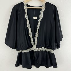 EXPRESS Y2K Black Silk White Lace Deep V Neck Romantic Grunge Kimono Blouse Top