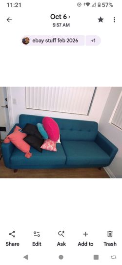 Jade/Teal sofa couch with 4 accent pillows