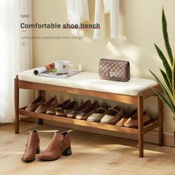 Shoe Rack Bench Entryway Bamboo Shoe Storage Bench with Leather Cushion 2 Tiers Shoe Rack Entryway Bench for Hallway, Living Room,Bedroom(Beige Bench 