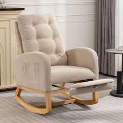 Brand New Sealed Beige Rocking Chair with Footrest Rubber Wood Base