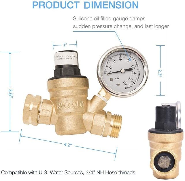 M11-45PSI Water Pressure Regulator for RV Camper-Brass Lead-Free Adjustable RV Water Pressure Reducer with 160 PSI Gauge and Inlet Stainless Screen