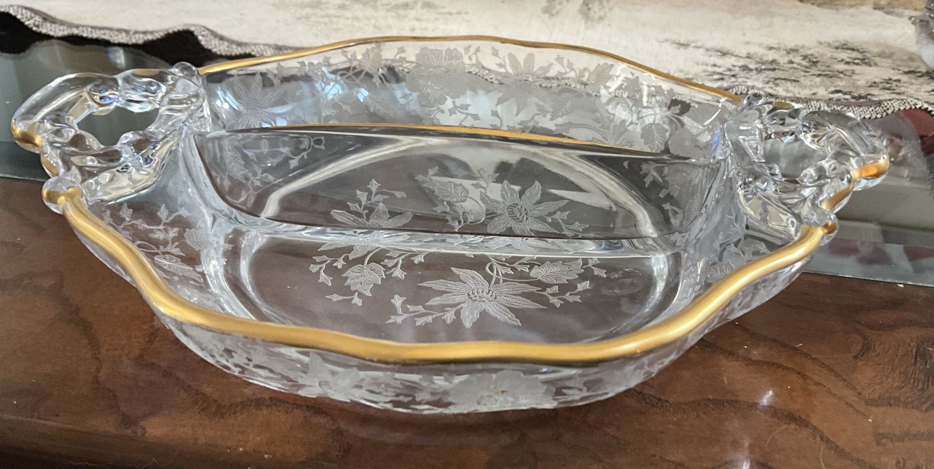 Cambridge Blown Glass two-part relish dish in the "Wildflower" pattern 1940’s