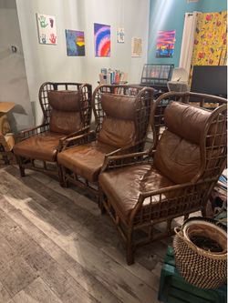 Vintage Leather Rattan Lounge Chairs