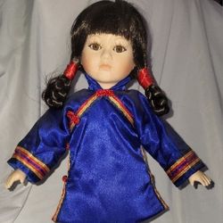 Artimark Porcelain Doll Includes Stand Asian Style Brown Hair And Eyes 17" Tall