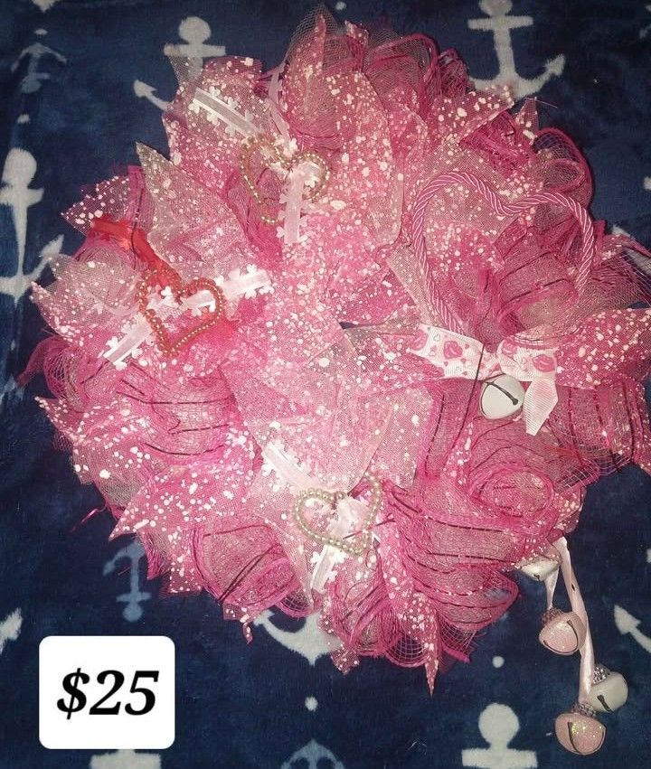 Custom Pink Wreath With Bells And Hearts