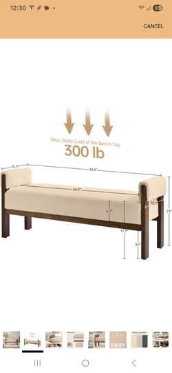 51.8” Modern Upholstered Bedroom Bench Indoor Bench with Arms, Entryway Bench with Solid Wood Frame for Bedroom Living Room, Brown