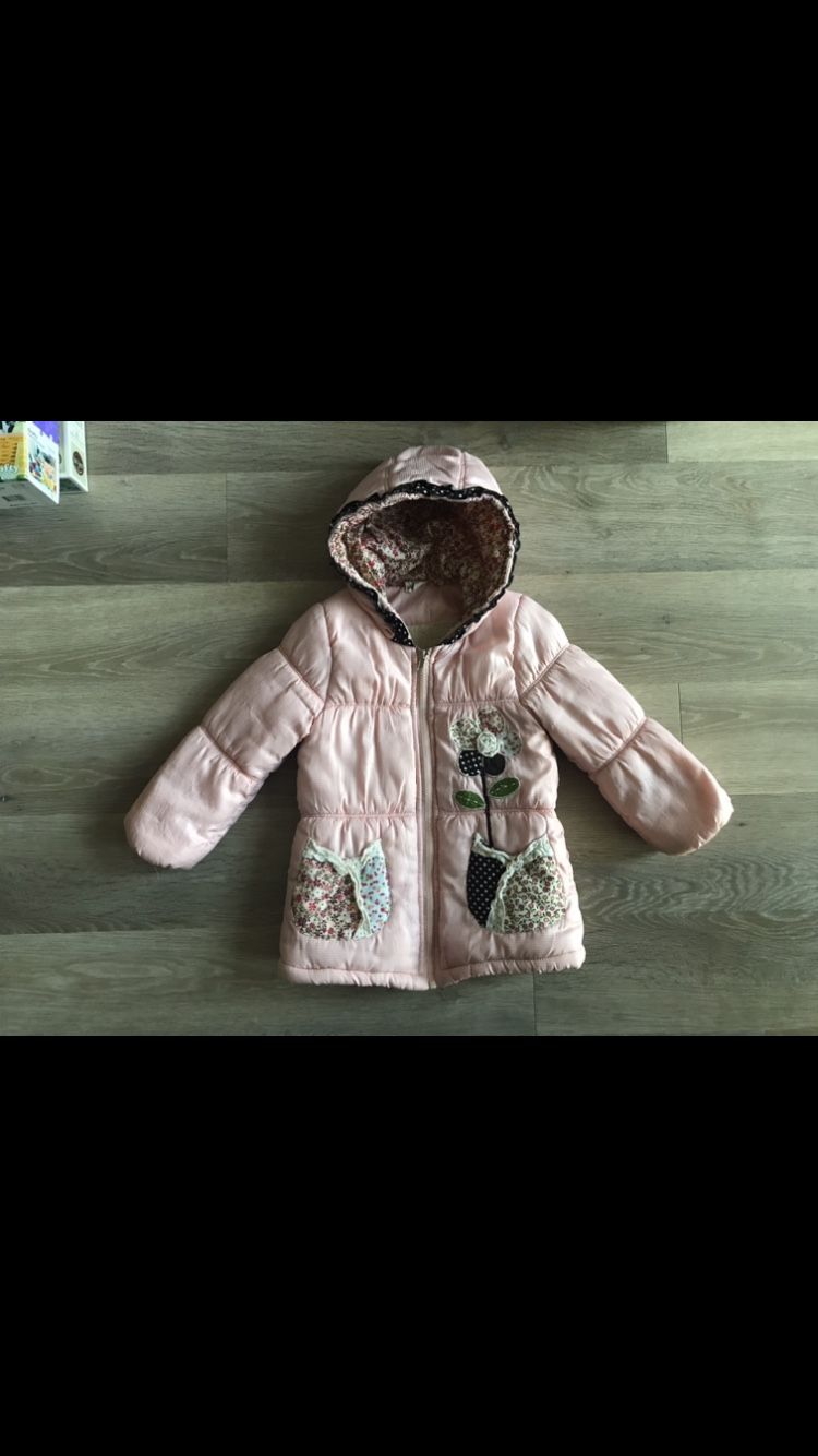 NEW Kids Children Girl Pink Puffy Sherpa Fleece  Flower Patch Pockets Jacket Coat Hoodie Hat Size 3-4T