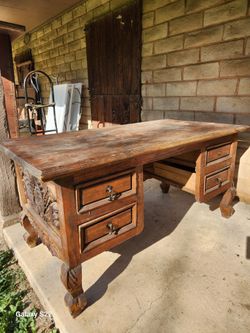 "GREEN MAN" 19th-Century Executive Desk - 360° Relief Carvings - Rare