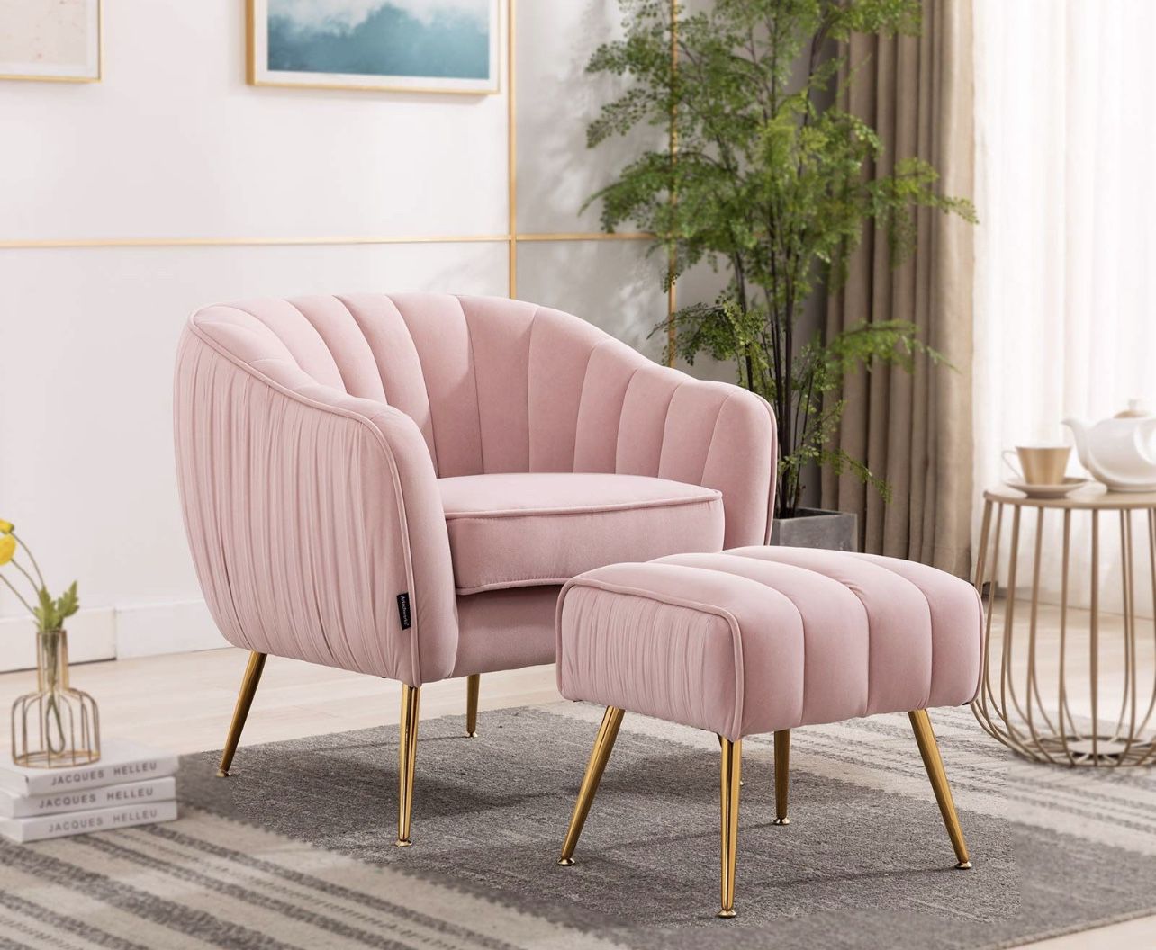 Velvet Modern Tub Barrel Arm Chair Upholstered Tufted with Gold Metal Legs Accent Club Chair with Ottoman Footrest for Living Reading Room