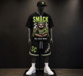 Smack City Black “Roll. Relax. Repeat.” Sloth T-Shirt & Shorts Set - NYC Streetwear