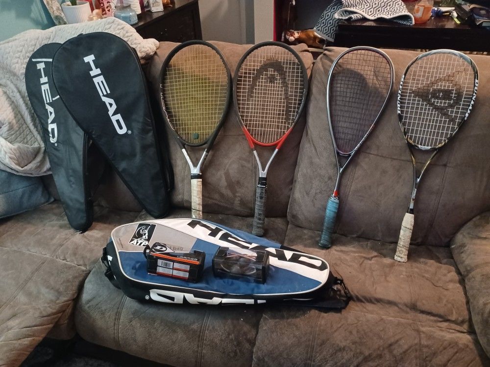 Tennis Rackets And Squash Rackets, With Cases, Dunlop Aerogel 4D Pro, Quicksilver NXS Black Knight Inter. Head Ti.s2, HEAD Ti.S6, 2 New Glasses