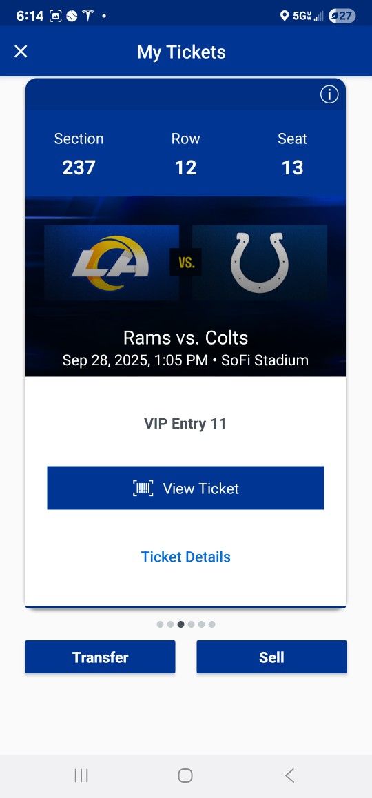 LA RAMS VS COLTS– FOUR (4) TICKETS, SUN, SEPT. 28TH @ 1:05 PM